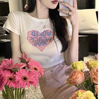 【Aura Flex】🔥甜辣風字母愛心印花短版t恤女 高街復古短袖露臍短袖 小個子短t 高腰辣妹短款修身學生上衣