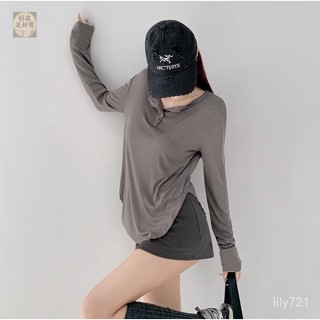 【衫在足好買】超舒適~歐美慵懶風弧形下襬女生長袖寬鬆上衣 純慾風薄款防曬衫白色長袖T恤 休閒防曬跳舞街舞舞蹈上衣 打底衫