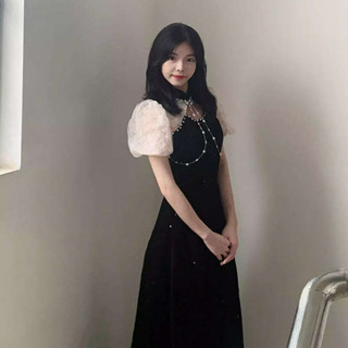 亮片禮服 宴會服 長禮服 黑色晚禮服女2025新款新中式旗袍領宴會輕奢小眾主持人長裙表演服