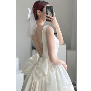 ✨新品到貨✔晚禮服✨結婚禮服✨演出禮服✈簡約輕婚紗性感小個子旅拍法式白色顯瘦緞麵宴會蝴蝶結小禮服夏季