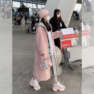 網紅假兩件連帽外套大衣女鞦鼕刷毛加厚中長款毛絨絨拚接小外套風衣vaic