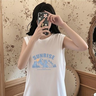 Chic☀ins風夏季無袖背心T恤女寬鬆顯瘦設計感潮流百搭純棉簡約個性上衣 女生背心 小可愛上衣 女裝無袖衫 短袖背心