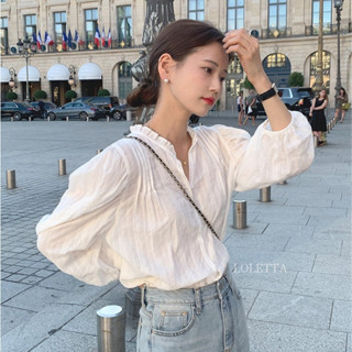 Loletta✿韓版襯衫 夏季小清新木耳邊甜美少女法式麻棉娃娃襯衫女 短版上衣 七分袖宮廷風襯衣 外穿上衣