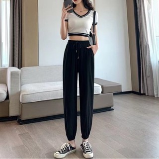 黑色草莓女裝館👗冰絲運動褲女夏季薄款寬鬆束腳小腳褲涼涼休閒燈籠哈倫褲🌵