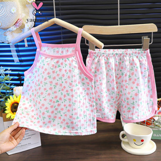 【YAOEENH】80-140CM 夏季女童洋氣碎花吊帶套裝 中兒童背心睡衣家居兩件套 現貨 快速出貨