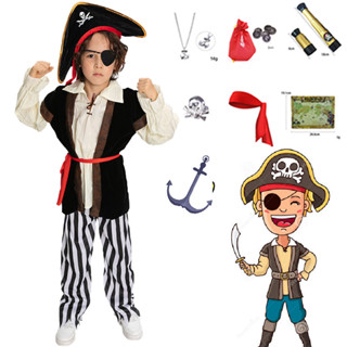電影海盜角色扮演服裝兒童男孩套裝 - 傑克船長黑色夾克褲子帽子眼罩萬聖節派對服裝項鍊地圖袋配件套裝