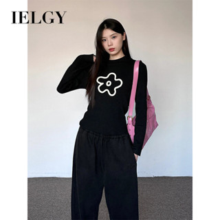IELGY 黑色長袖純棉T恤女印花高領修身甜美上衣