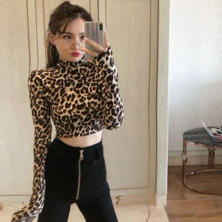 💖臺灣出貨💖 美式復古豹紋上衣 性感小衫上衣 春秋季新款打底衫女 露臍上衣 短款長袖豹紋T恤 短版上衣