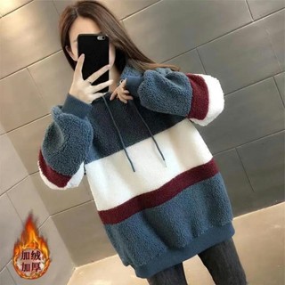 M-3XL 大尺碼羊羔毛加絨衛衣女秋冬新款寬松外穿加厚保暖連帽上衣外套