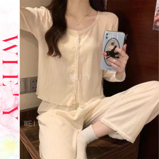 🌸WIE' Y🌸「睡衣兩件套」純棉家居服 韓國家居服 居家休閒服 長袖睡衣 春秋INS長袖可外穿圓領蕾絲花邊女睡衣