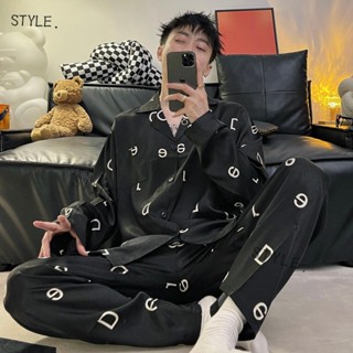 -STYLE-男士冰絲睡衣 絲綢長袖男生睡衣 新款冰絲睡衣男士春秋季長袖長褲薄款緞面寬松休閑高階家居服套裝 男生長袖睡衣