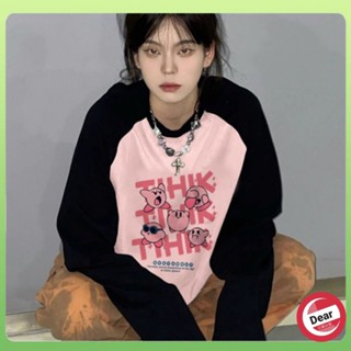 【Dear】春秋款T恤甜美長袖多巴胺女孩插肩穿搭上衣黑粉拚色寬鬆顯瘦