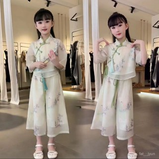 高質感 低價出🌈女童夏裝漢服套裝2024新款中國風唐裝中大兒童女孩新中式古裝短袖 SVKS