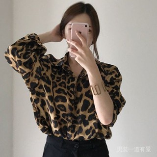 韓國chic秋季複古豹紋印花翻領單排扣寬鬆休閒百搭長袖襯衫上衣女
