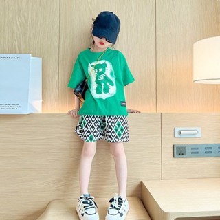 【臺灣熱銷】女童運動套裝2025夏裝新款大童洋氣短袖T恤棋盤格短褲兒童兩件套