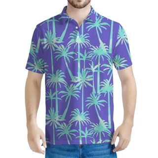 彩色棕櫚樹 3d 印花 Polo 衫男士夏季寬鬆短袖夏威夷植物圖案 Polo 衫上衣翻領 T 恤