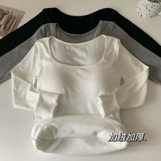 衣時尚 上衣 發熱衣 打底衫 保暖 S-2XL 新款加絨加厚方領正肩T卹內搭修身純色長袖ME050-29854.