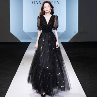桃園出低折扣 女士黑色長款晚禮服 名媛宴會大碼連身裙 氣質年會主持人修身晚宴服 顯瘦遮手臂長款洋裝