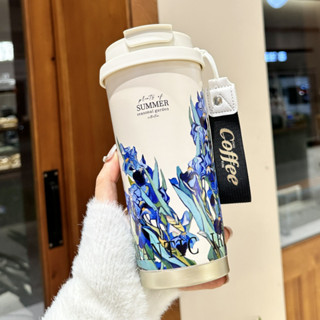 臺灣發貨 藍蓮花保溫杯不鏽鋼高顏值雙飲便攜成人咖啡杯學生創意油畫吸管杯