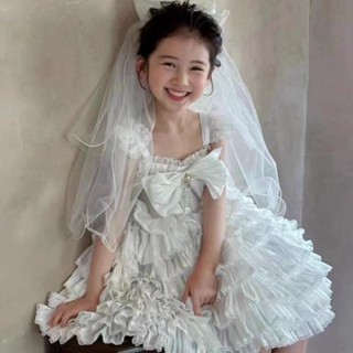 【2025夏季爆款】女童白色蘿莉塔花嫁裙 夢幻蓬蓬婚紗禮服裙 兒童生日派對六一節超仙公主裙 透氣吊帶洋裝