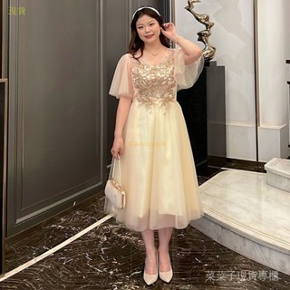 [菜菜家]韓貨洋裝伴娘裙大尺碼胖mm 香檳色氣質學生主持人宴會小個子姐妹團晚禮服夏顯瘦遮肉禮服顯瘦