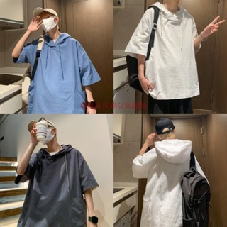 🎈臺灣出貨💥短袖上衣男 短袖帽T男士 連帽短袖衛衣男【M-3XL日系慵懶風大口袋炸街連帽短袖衛衣男寬松情侶裝外套上衣