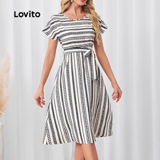 Lovito 女士休閒條紋抽繩基本款洋裝 LBL23520