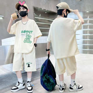 【YAOEENH】120-170CM 夏季男童短袖短褲套裝 中大童卡通印花休閒運動兩件套 現貨 快速出貨
