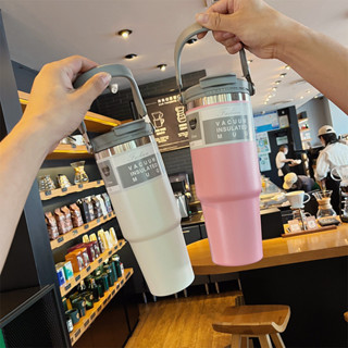 900ML,大容量304不鏽鋼保溫杯真空帶吸管手提式冰霸杯戶外汽車杯咖啡杯
