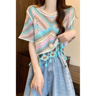 LS6S [1069人收藏]多巴胺彩色條紋冰絲短袖T恤女夏新款韓版民族風流蘇鏤空短款上衣4.6