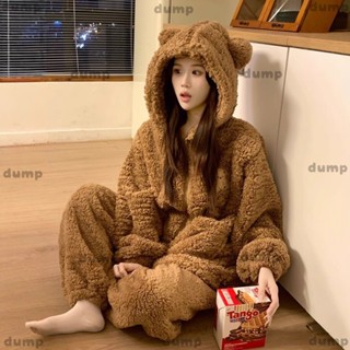 臺灣出貨⭐dump[]美拉德小熊珊瑚絨睡衣女 鼕天可愛卡通連帽居傢服 刷毛加厚保暖睡衣兩件套裝 情侶大尺碼傢居服男女可穿