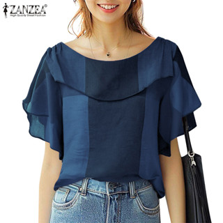 ZANZEA 女式韓版短袖格子蕾絲邊碎花荷葉邊寬鬆上衣