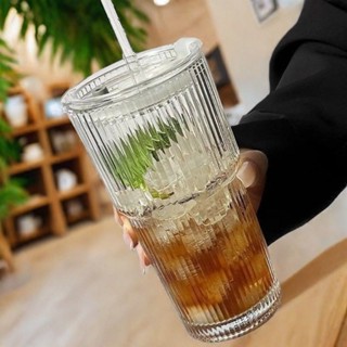 爆品特賣大容量ins帶蓋吸管條紋玻璃杯高顏值冷飲果汁咖啡杯水杯杯子dd