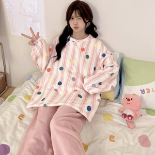 可愛柔軟睡衣女士秋冬季法蘭絨加厚休閒家居服少女珊瑚絨長袖套裝