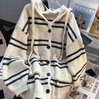 韓版寬鬆連帽慵懶風條紋中長款毛衣開衫女2024新款外套秋冬外穿