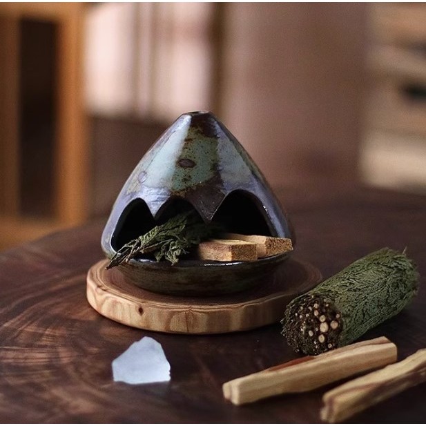 秘魯聖木鼠尾草燃熏淨化小壁爐｜水晶消磁燃燒容器盒雪松託盤香托｜燃燒託盤鼠尾草支架淨化香爐擴香器香薰爐｜香薰熏香香氛