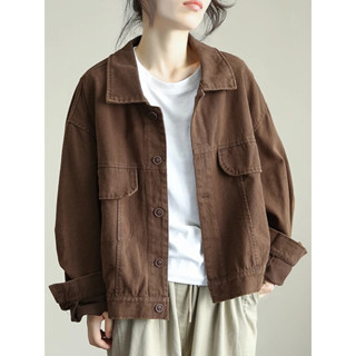 【Season Wardrobe】復古大碼棉質工裝夾克短外套女士春秋季寬鬆休閒長袖開衫外搭上衣