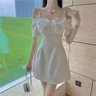 【爆款熱賣】快速出貨2025新款時尚潮流可愛氣質魅力春季夏季秋季新款名媛氣質性感蝴蝶結一字領吊帶洋裝高階感生日禮服