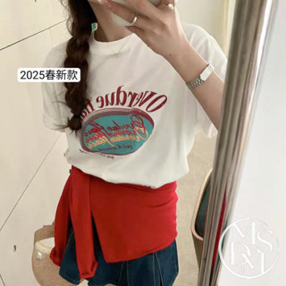【MDMS】韓國小眾 2025春夏款 極簡氣質 復古感膠印T 圓領中長版短袖 字母設計感寬鬆上衣 約會穿搭推薦 S263