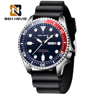BEN NEVIS 男士手錶防水計時手錶矽膠錶帶夜光指標週曆顯示石英手錶