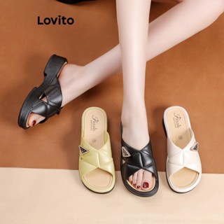 Lovito 女士休閒純色十字交叉金屬扣平底涼鞋 LFA66219