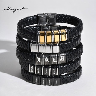 Meaeguet 男士定製名稱皮革手鍊,不銹鋼編織袖口腕帶扣首飾