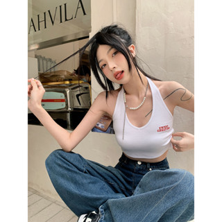辣妹字母掛脖弔帶背心女春夏2024新款設計感白色短款內搭外穿上衣330