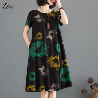 XL-6XL 胖mm寬鬆大尺碼洋裝夏季媽媽中長款連衣裙女2025韓版文藝複古中長裙大碼女裝