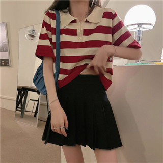 1456人收藏polo領條紋t恤女2025年寬鬆設計感小眾短袖潮短版上衣2025.4.21