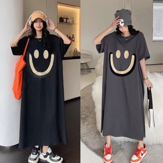 大尺碼睡裙女 韓版ins風睡衣 oversize 可愛笑臉 短袖寬鬆可外穿長裙 女版居家睡衣裙
