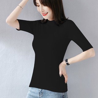 愛依依 上衣 中袖T卹 打底衫 S-2XL 新款半高領中袖上衣女緊身七分袖女生穿搭純棉內搭體卹-1267.