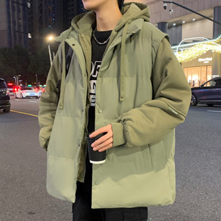 男士假兩件棉服外套港風大尺碼刷毛加厚鋪棉連帽外套韓版日系羽絨棉衣情侶中性男女青少年學生面包服棉襖潮牌