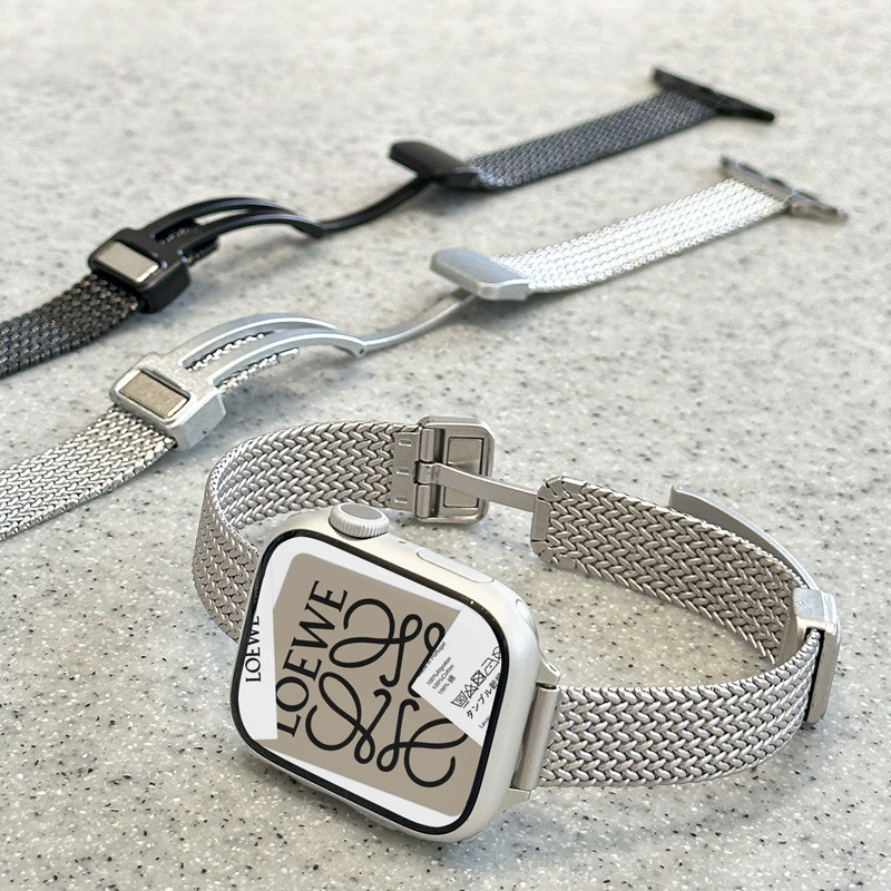 Apple Watch 金屬麥穗折疊磁吸錶帶 替換腕帶 5/6/7/8/9/10代/SE/Ultra i Watch錶帶