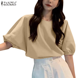 Zanzea 女式韓版通勤休閒圓領泡泡袖純色寬鬆上衣